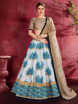 Odette - Blue Silk Blend Printed Semi Stitched Lehenga with Blouse and Dupatta (Set of 3)