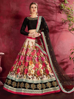 Odette - Multicolour Silk Blend Printed Semi Stitched Lehenga with Blouse and Dupatta (Set of 3)