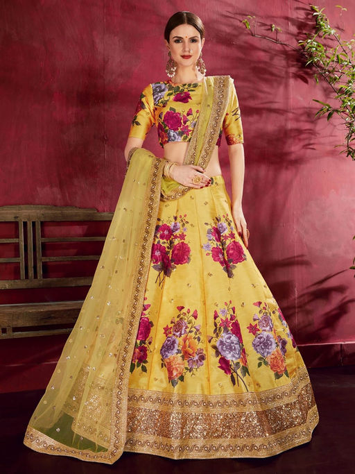 Odette Yellow Silk Blend Printed Semi Stitched Lehenga with Blouse and Dupatta (Set of 3)