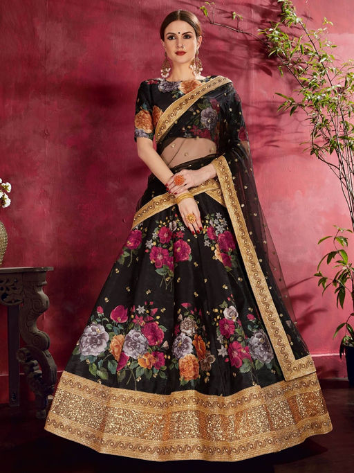 Odette Black Silk Blend Printed Semi Stitched Lehenga with Blouse and Dupatta (Set of 3)