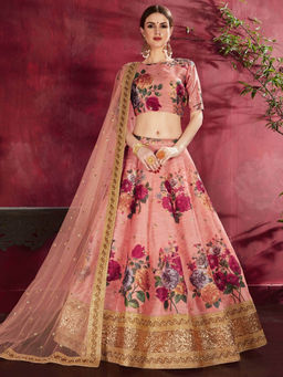 Odette - Peach Silk Blend Printed Semi Stitched Lehenga with Blouse and Dupatta (Set of 3)