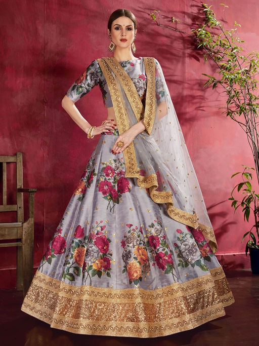 Odette Grey Silk Blend Printed Semi Stitched Lehenga with Blouse and Dupatta (Set of 3)