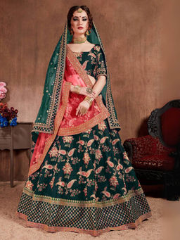 Odette - Green Silk Blend Embroidered Semi Stitched Lehenga with Blouse and Dupatta (Set of 4)