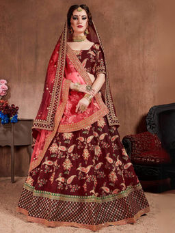 Odette - Maroon Silk Blend Embroidered Semi Stitched Lehenga with Blouse and Dupatta (Set of 4)