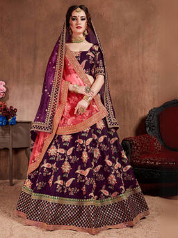 Odette - Purple Silk Blend Embroidered Semi Stitched Lehenga with Blouse and Dupatta (Set of 3)