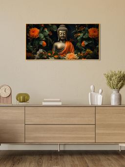 The Next Decor - Luminous Buddha With Flower Glass Finish Horizontal Wall Art