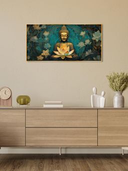 The Next Decor - Golden Buddha With Lotus Glass Finish Horizontal Wall Art