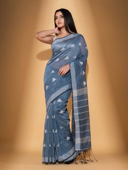 Beatitude - Grey Blended Cotton Woven Saree with Unstitched Blouse