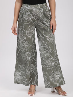 R&B - Green Floral Printed Regular Palazzo