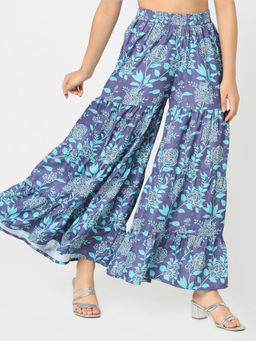 R&B - Navy Blue Floral Printed Regular Palazzo