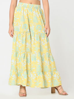R&B - Yellow Floral Printed Regular Palazzo