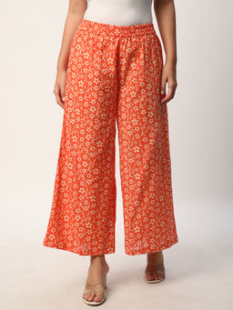 R&B - Orange Floral Printed Regular Palazzo