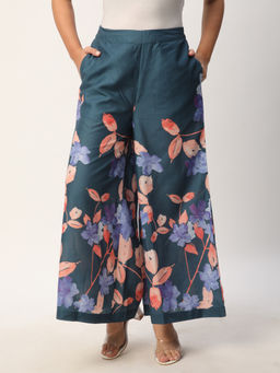 R&B - Teal Floral Printed Regular Palazzo