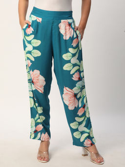 R&B - Teal Floral Printed Regular Pant