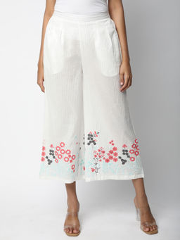 R&B - White Embroidered Thread Work Regular Palazzo