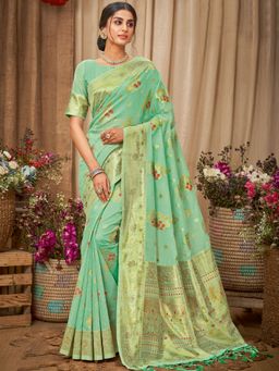 Odette - Sea Green Heavy Zari Woven Cotton Saree with Unstitched Blouse