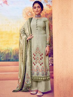 Stylee LIFESTYLE - Olive Pure Muslin Embroidered Dress Material (Set of 3)