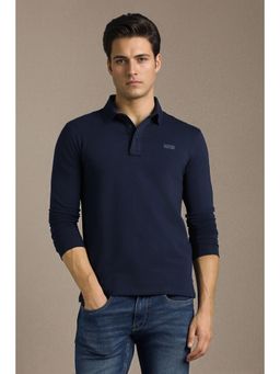 Louis Philippe - Navy Blue Cotton Blend Full Sleeves Polo T-Shirt
