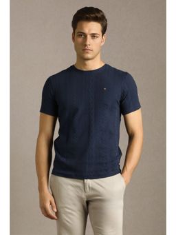 Louis Philippe - Navy Blue Cotton Blend Half Sleeves T-Shirt