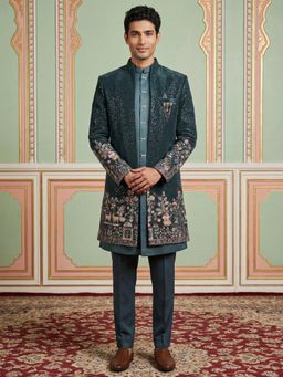 Jompers - Navy Blue Embroidered Sherwani Waist Coat and Trouser
