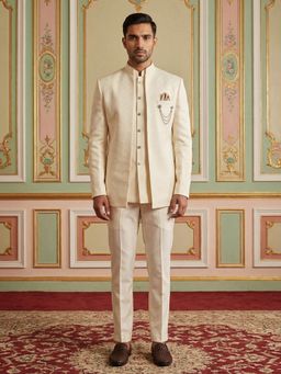 Jompers - Cream Embroidered Jacket Waist Coat and Trouser