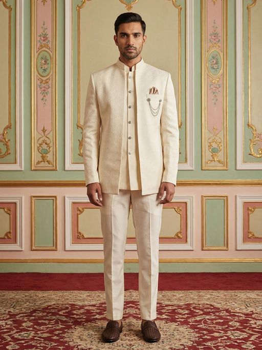 Jompers Cream Embroidered Jacket Waist Coat and Trouser