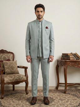 Jompers - Blue Embroidered Jacket Waist Coat and Trouser