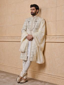 TASVA - Ivory Embroidered Sherwani Kurta Churidar and Stole