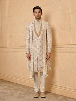 TASVA - Ivory Embroidered Sherwani Kurta Churidar and Stole