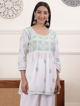 Chowkhat - Floral Hand Embroidered Chikankari Cotton Flared Short Kurti