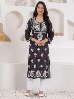 Chowkhat - Hand Embroidered Chikankari Black and Red Mul Cotton Straight Kurta