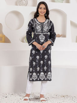 Chowkhat - Hand Embroidered Chikankari Black and White Mul Cotton Straight Kurta