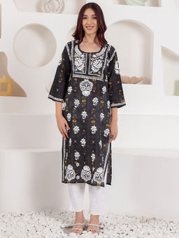 Chowkhat - Hand Embroidered Chikankari Black and Yellow Mul Cotton Straight Kurta
