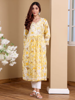 Chowkhat - Floral Hand Embroidered Chikankari Mul Cotton Flare Pocket Gown Kurta