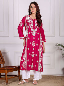 Chowkhat - Floral Hand Embroidered Chikankari Modal Straight Kurta