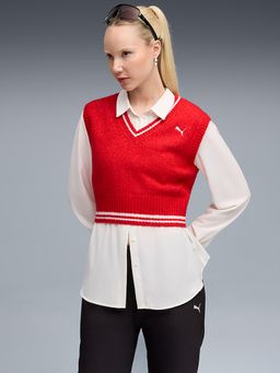 Puma - Womens Red Premium V-Neck Knit Crop Sweater