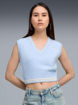 Puma - Womens Blue Premium V-Neck Knit Crop Sweater