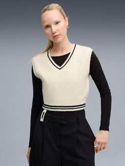 Puma - Womens Off White Premium V-Neck Knit Crop Sweater