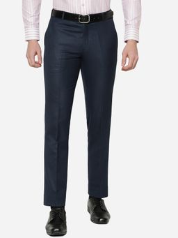 Greenfibre - Men Solid Navy Blue Terry Rayon Slim Fit Formal Trouser