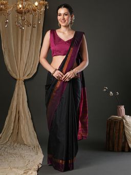 Sareemall - Women Aura Silk Black Woven Design Designer Saree with Unstitched Blouse