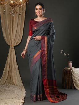 Sareemall - Women Aura Silk Grey Woven Design Designer Saree with Unstitched Blouse