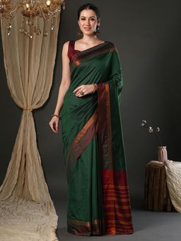 Sareemall - Women Aura Silk Green Woven Design Designer Saree with Unstitched Blouse
