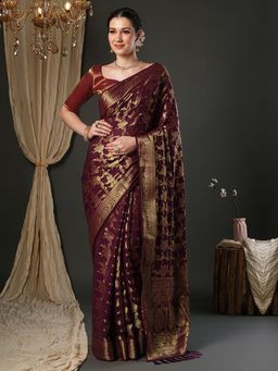 Akhilam - Women Pure Georgette Burgundy Woven Design Saree with Unstitched Blouse