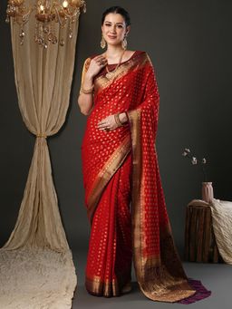 Akhilam - Women Pure Georgette Red Woven Design Saree with Unstitched Blouse