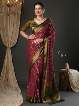 Akhilam - Women Pure Georgette Maroon Woven Design Saree with Unstitched Blouse