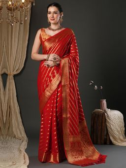 Akhilam - Women Pure Georgette Red Woven Design Designer Saree with Unstitched Blouse