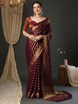 Akhilam - Women Pure Georgette Burgundy Woven Design Saree with Unstitched Blouse