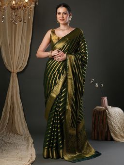 Akhilam - Women Pure Georgette Green Woven Design Saree with Unstitched Blouse