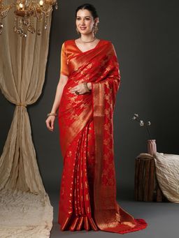 Akhilam - Women Pure Georgette Red Woven Design Designer Saree with Unstitched Blouse