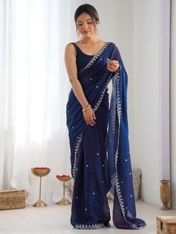 Akhilam - Women Paper Silk Navy Blue Embellished Designer Saree with Unstitched Blouse